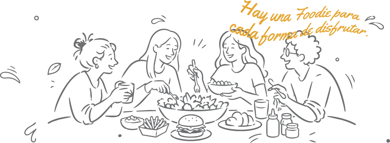 Ilustración de cuatro personas compartiendo comida en la mesa